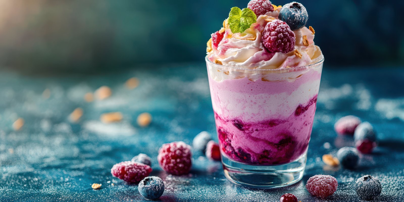 Delicious berry parfait with whipped cream served in a glass at a charming dessert table